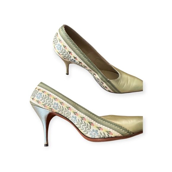 Vintage I. Miller Pumps 7.5B –Green Pearlized Leather & Floral Tapestry, 1950s - Picture 12 of 15